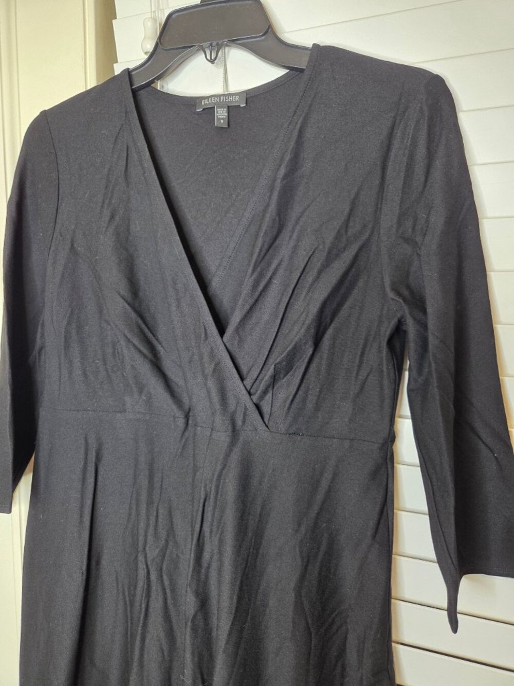 Eileen Fisher Black Wrap Midi Dress 3/4 Sleeves Womens S Classic Travel Stretch - Picture 3 of 6